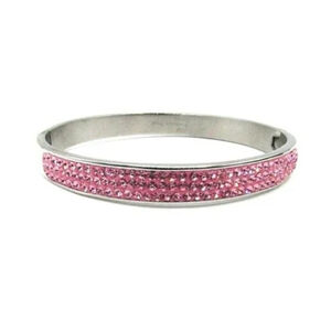 SIGNED JCM Stainless Steel Pink Crystal Bangle Hinge Silver Tone Bracelet